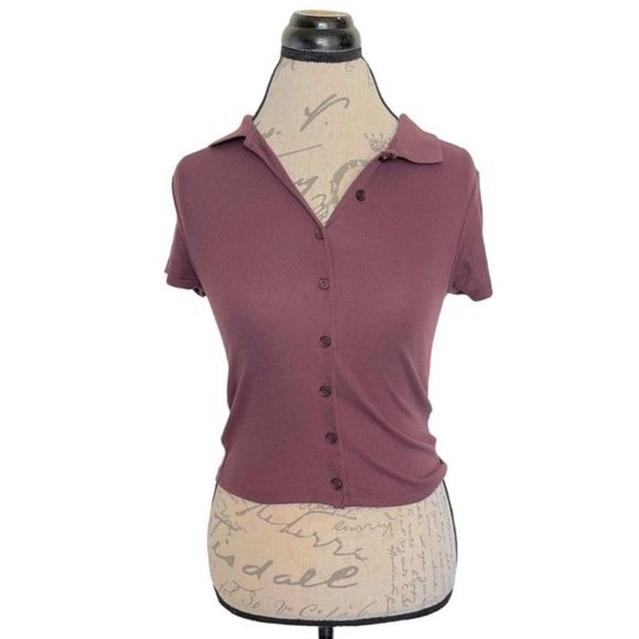 Pink Rose Womens Ribbed Short Sleeve Cropped Top Blouse Collar Button Size Small - Picture 1 of 12